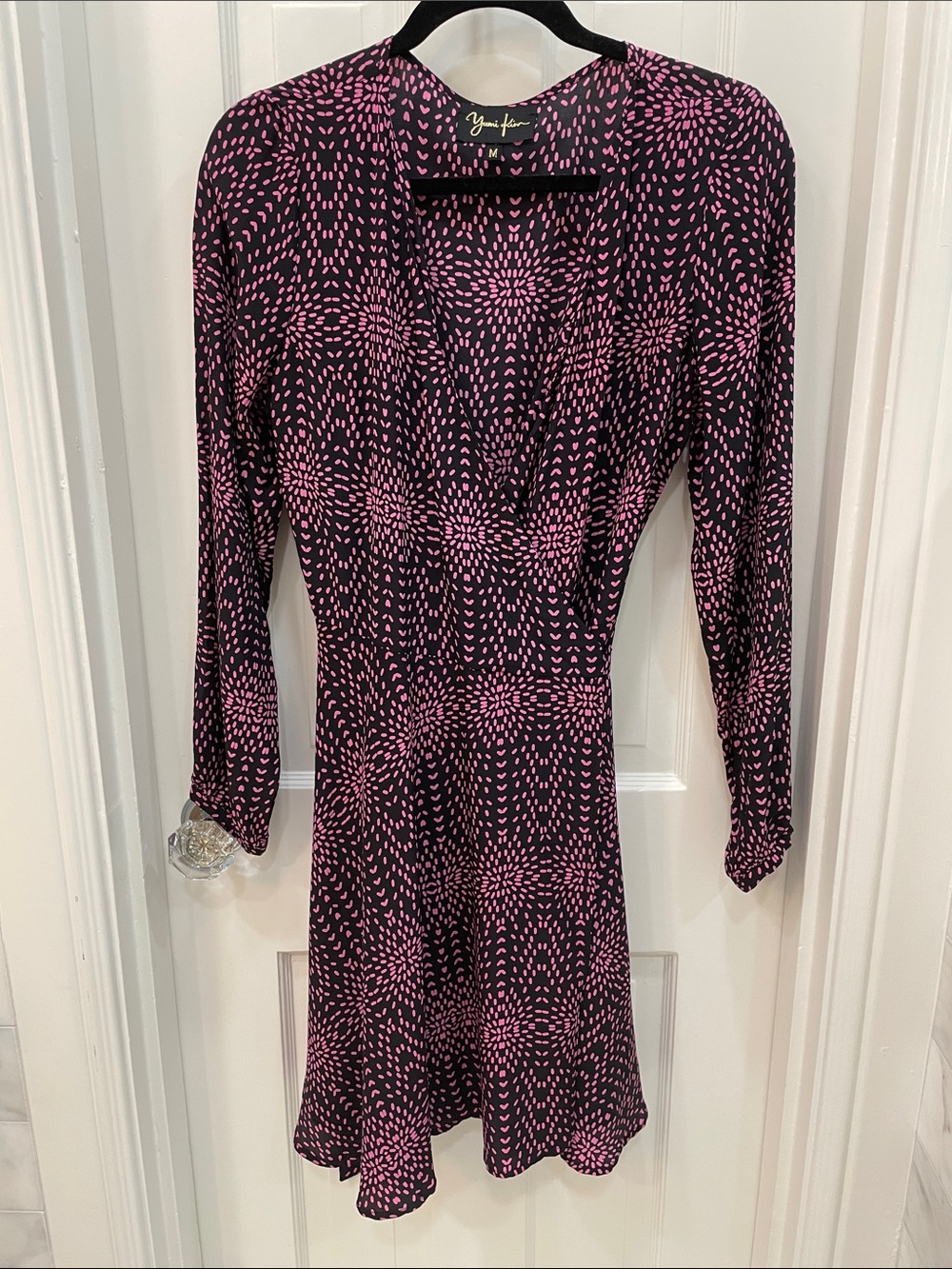 Yumi Kim Black Silk Dress with Pink Dot Burst Pattern, Long Sleeve Size M